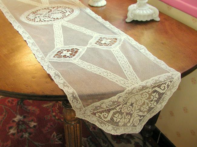 Marvellous Normandy table runner in net with inserts of Venizia, Fillet & laces