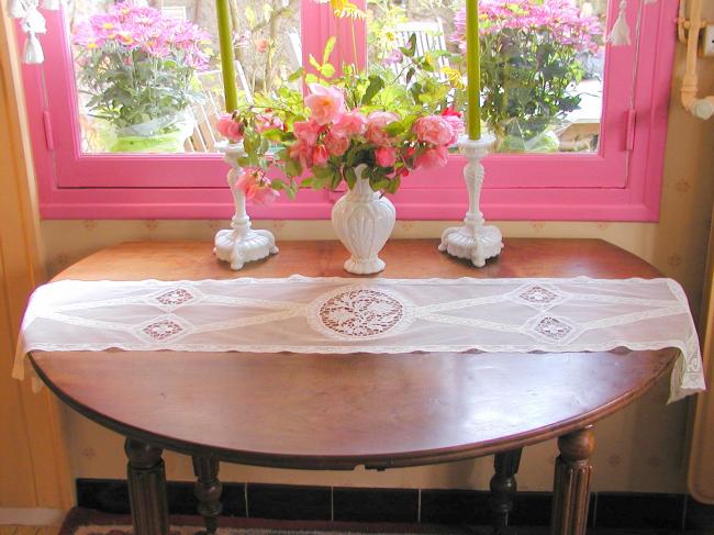 Marvellous Normandy table runner in net with inserts of Venizia, Fillet & laces