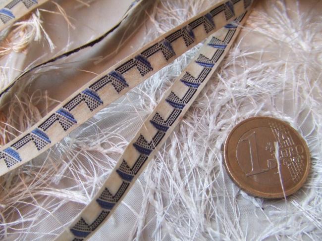 Adorable ancien ruban en coton blanc très fin à motifs bleus 1930 (8mm)