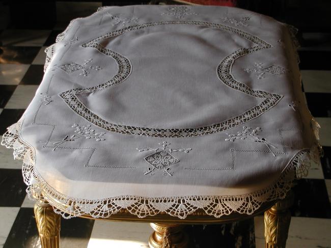 Gorgeous white embroidered and filet inserts tablecloth with bobbin Cluny lace.