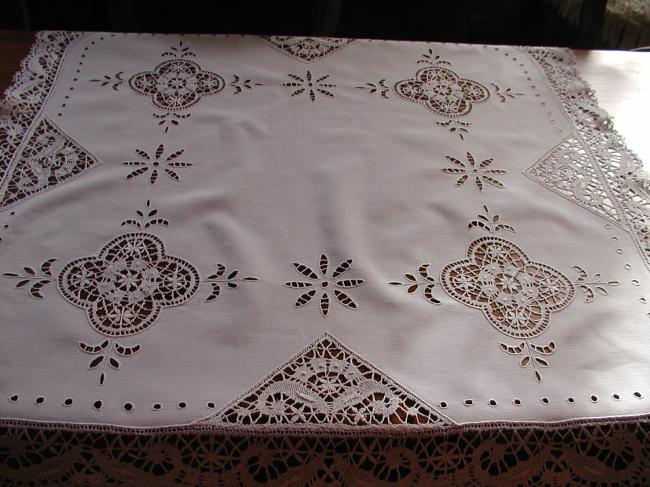 Wonderful Cluny lace and Richelieu embroidery tablecloth 1920.
