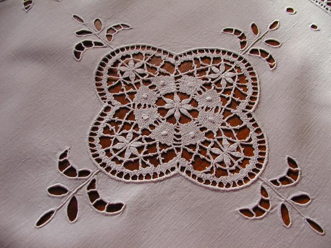 Wonderful Cluny lace and Richelieu embroidery tablecloth 1920.