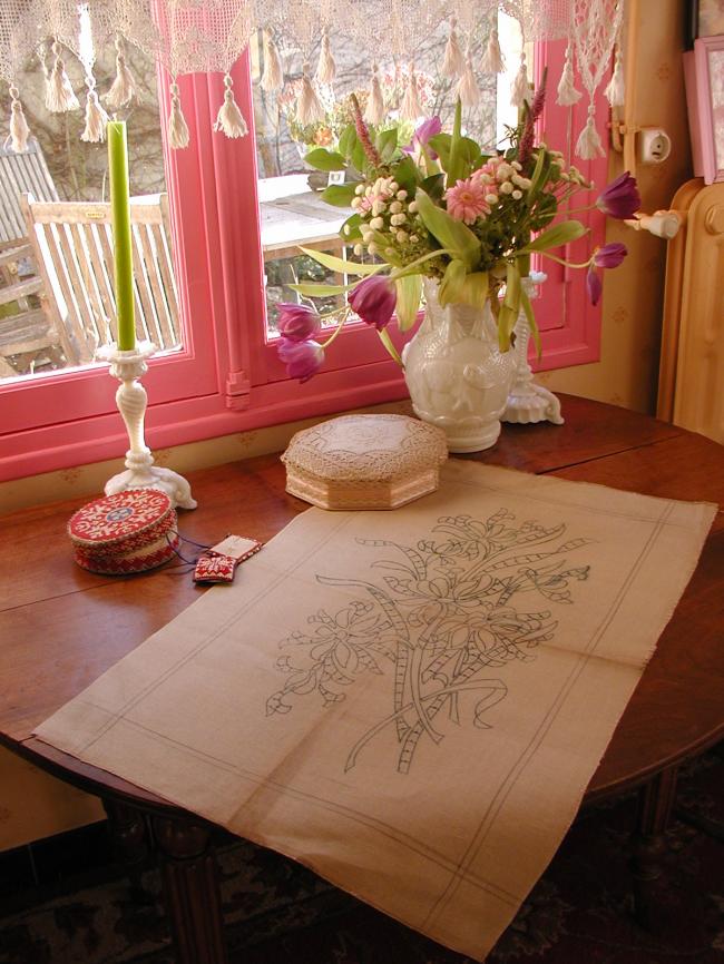 Merveilleux bouquet d'Iris sur panneau en toile de lin à broder à la Richelieu