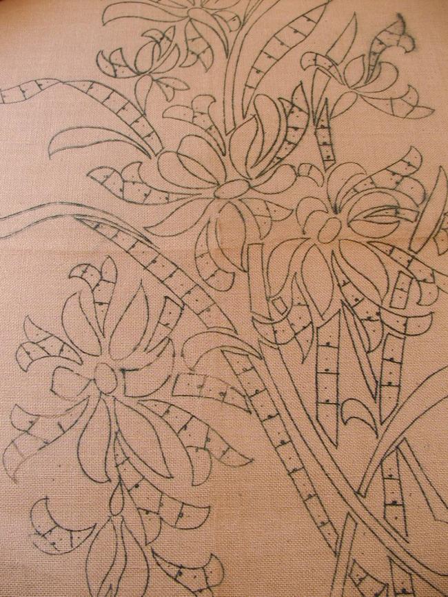 Merveilleux bouquet d'Iris sur panneau en toile de lin à broder à la Richelieu