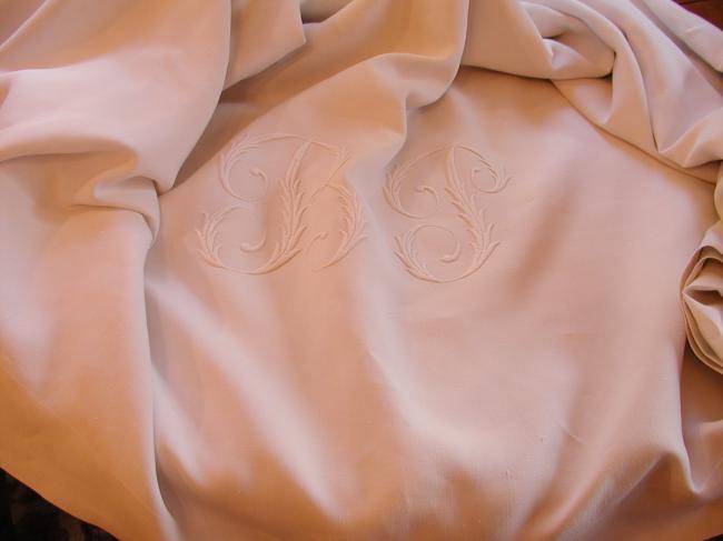Lovely heavy linen sheet with huge acanthus leaves monogram BP