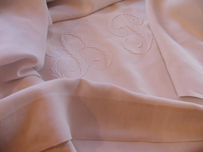 Lovely heavy linen sheet with huge acanthus leaves monogram BP