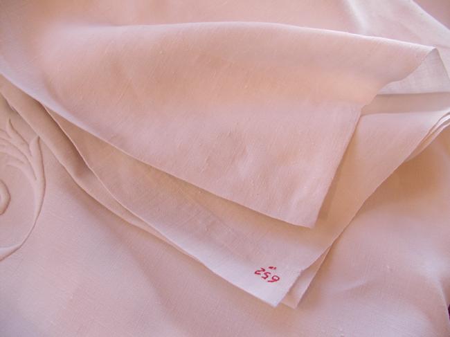 Lovely heavy linen sheet with huge acanthus leaves monogram BP