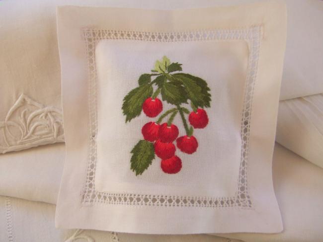Sweet lavender sachet with hand-embroidered red cherries