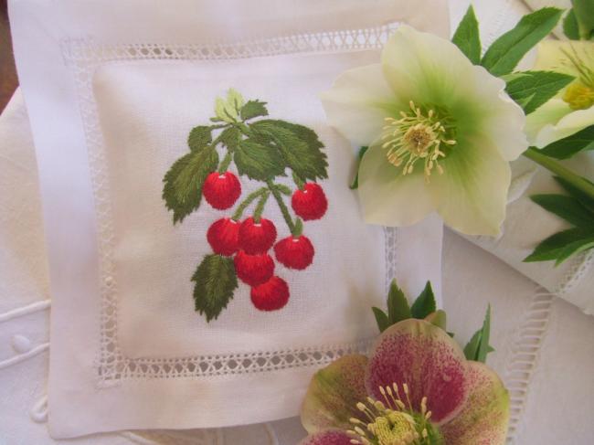 Sweet lavender sachet with hand-embroidered red cherries