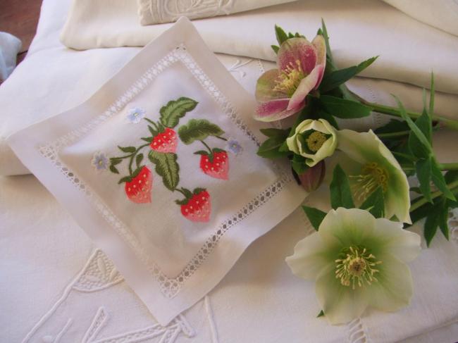 Romantique coussinet de lavande ajouré et brodé main de fraises