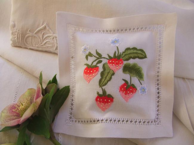 Sweet lavender sachet with hand-embroidered strawberries