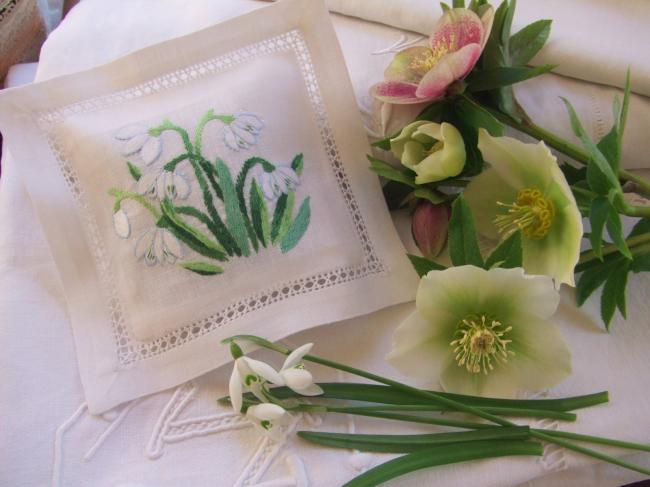 Sweet lavender sachet with hand-embroidered snowdrop