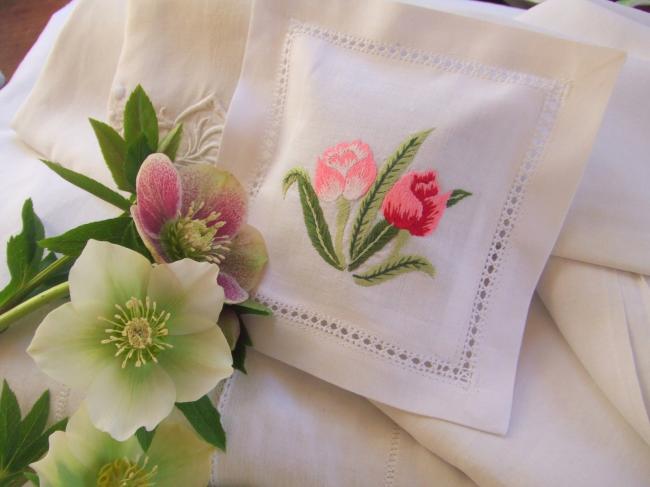 Sweet lavender sachet with hand-embroidered bouquet of tulips