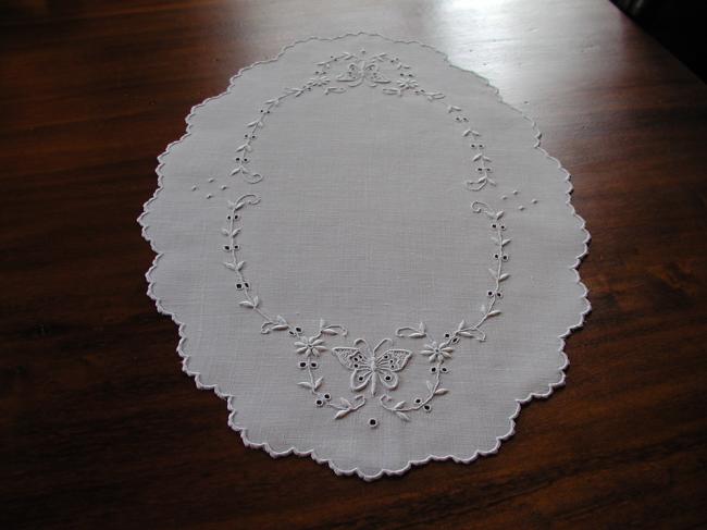 Marvellous centre table with whitework and butterflies