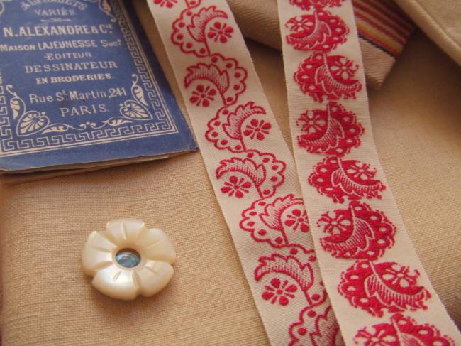 Merveilleux ruban en coton blanc tissé de larges feuilles & fleurs rouges (20mm)