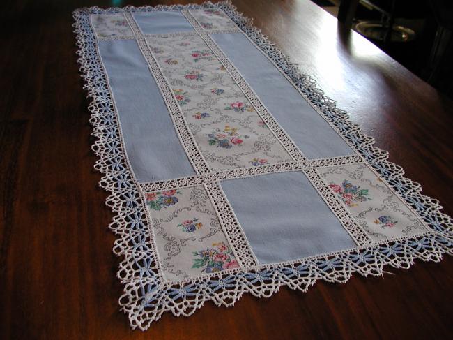 Lovely shabby chic patchwork table runner with bobbin lace