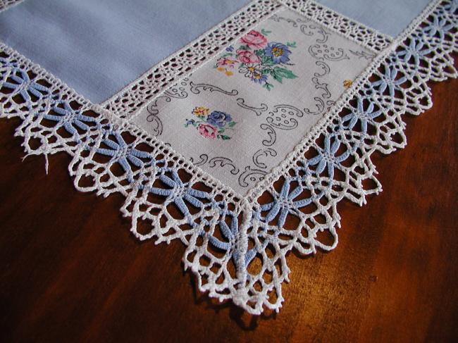 Lovely shabby chic patchwork table runner with bobbin lace