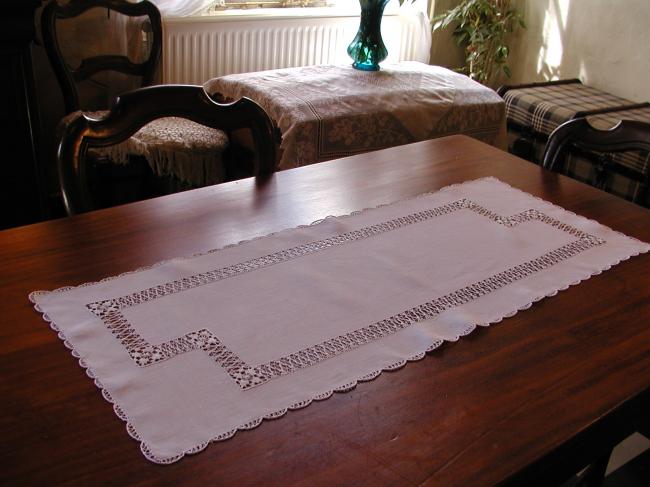 Gorgeous table runner with drawn threadwork and Tenerife lace insert