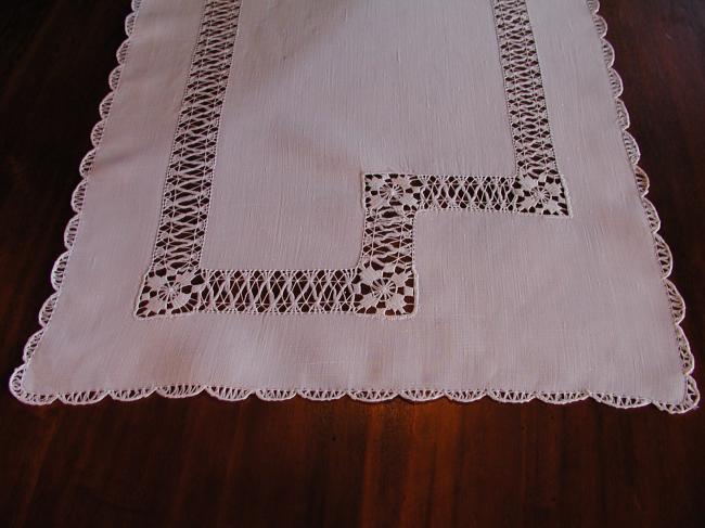 Gorgeous table runner with drawn threadwork and Tenerife lace insert