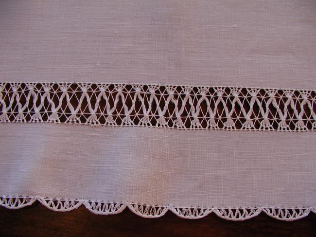 Gorgeous table runner with drawn threadwork and Tenerife lace insert