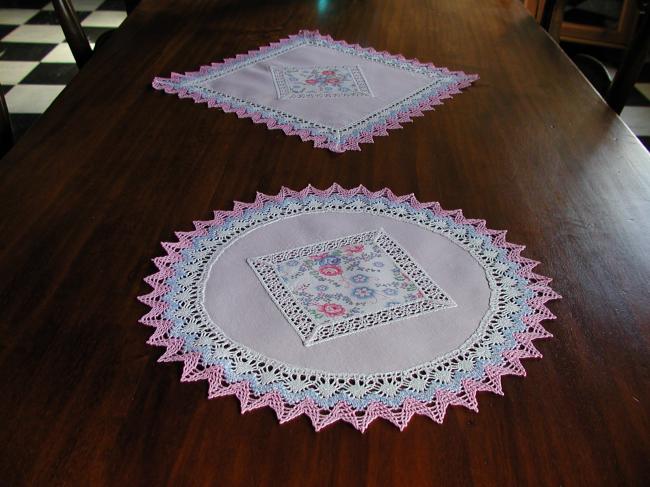 Lovely pair of doily with patchwork liberty and pink with bobbin lace