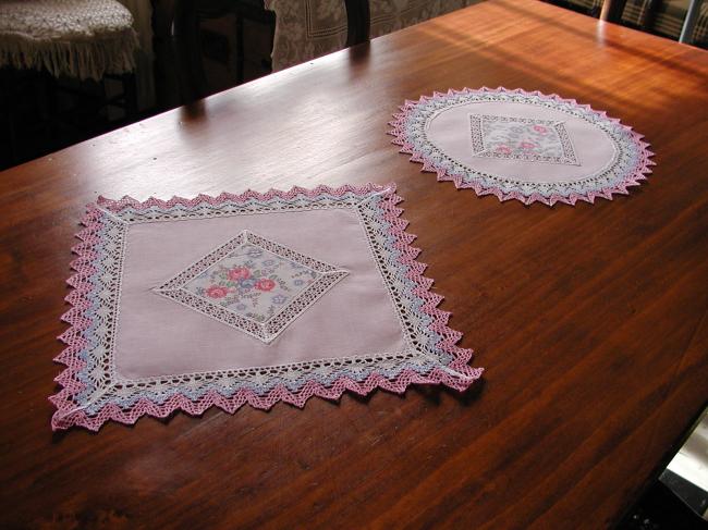 Lovely pair of doily with patchwork liberty and pink with bobbin lace