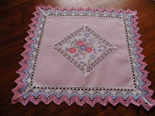 Lovely pair of doily with patchwork liberty and pink with bobbin lace