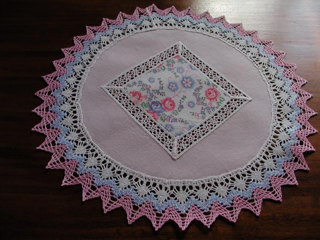 Lovely pair of doily with patchwork liberty and pink with bobbin lace