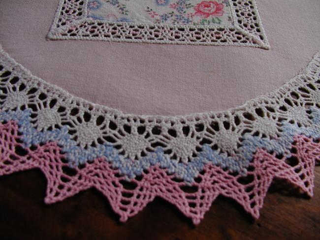 Lovely pair of doily with patchwork liberty and pink with bobbin lace
