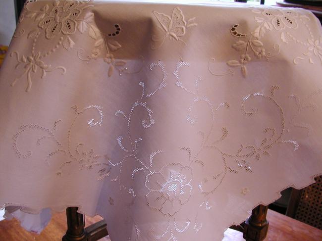 Gorgeous little tablecloth with whitework and openwork, roses and butterflies