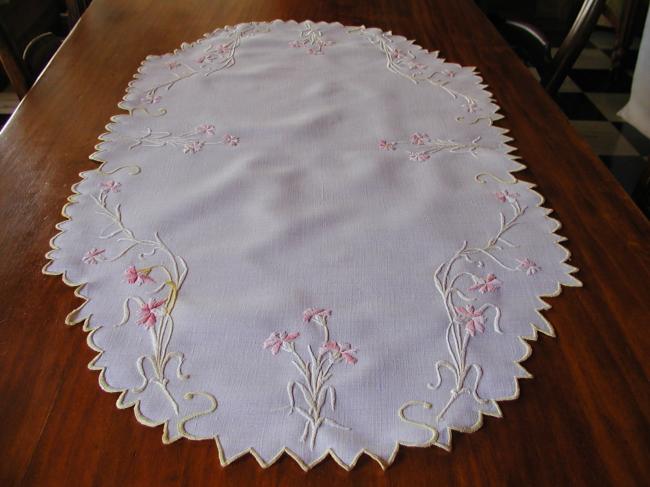 Stunning embroidered runner with pink carnations flowers