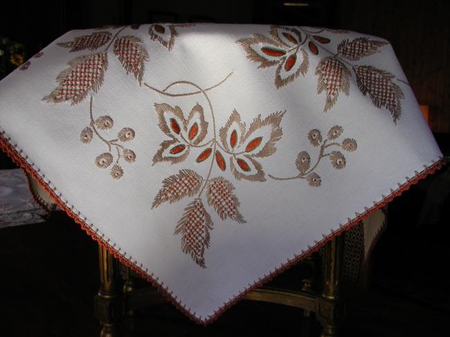 Stunning hand made embroideries of chestnut leaves tablecloth