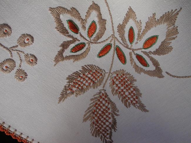 Stunning hand made embroideries of chestnut leaves tablecloth