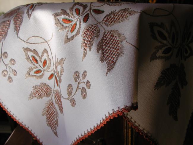 Stunning hand made embroideries of chestnut leaves tablecloth