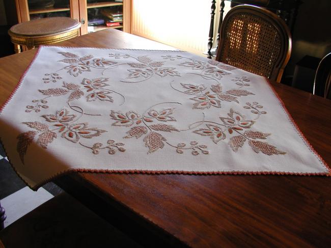 Stunning hand made embroideries of chestnut leaves tablecloth