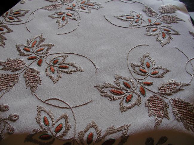 Stunning hand made embroideries of chestnut leaves tablecloth