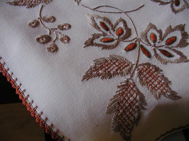 Stunning hand made embroideries of chestnut leaves tablecloth