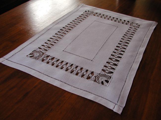 Lovely oblong trolley mat or table centre with drawn thread and Tenerife works