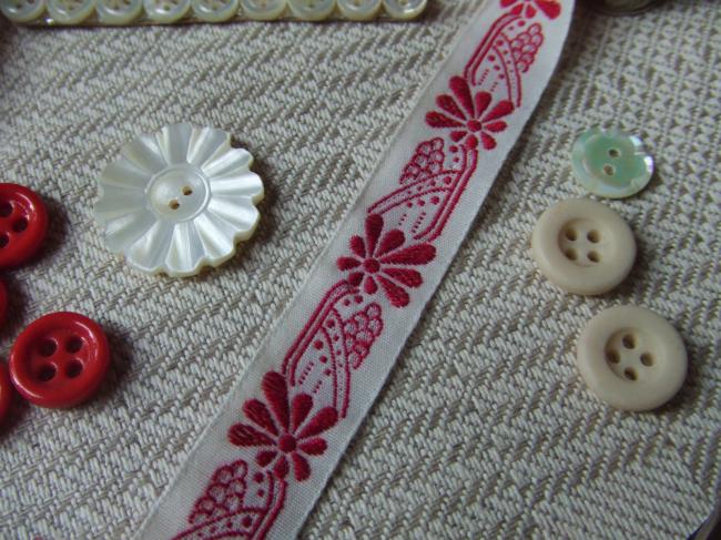 Adorable ruban en coton blanc tissé de raisins et feuillage rouges (15mm)