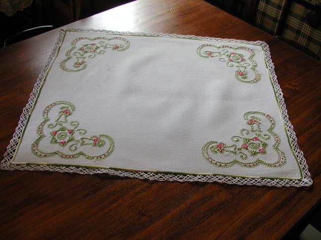 Very charming table centre with spring coloured embroideries