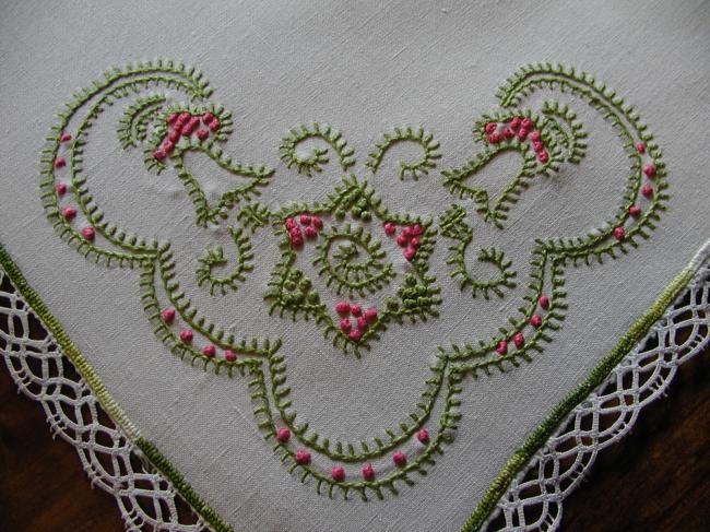 Very charming table centre with spring coloured embroideries