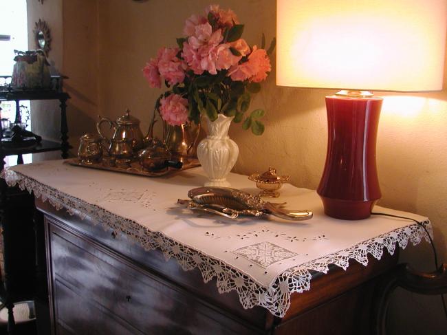 Stunning sideboard top in fine linen with inserts of filet and white embroidery