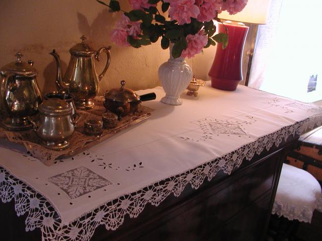 Stunning sideboard top in fine linen with inserts of filet and white embroidery