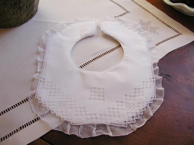 Adorable double baby bib with hand openwork and net lace
