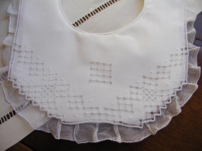 Adorable double baby bib with hand openwork and net lace