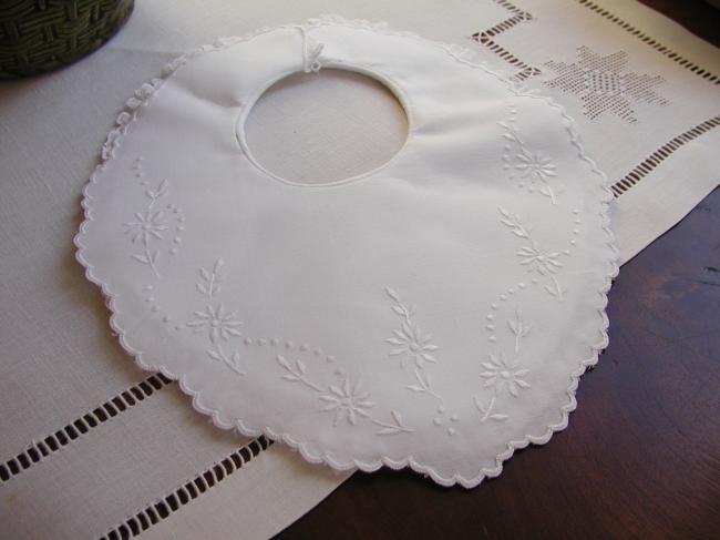 Lovely double baby bib with hand-embroidered daisies & Valenciennes lace