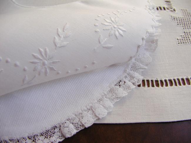 Lovely double baby bib with hand-embroidered daisies & Valenciennes lace