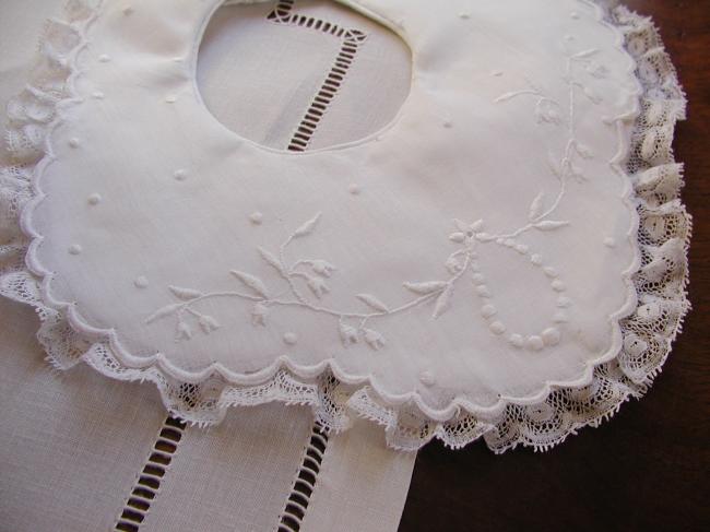 Lovely double baby bib with hand-embroidered lily of valley & Valenciennes lace