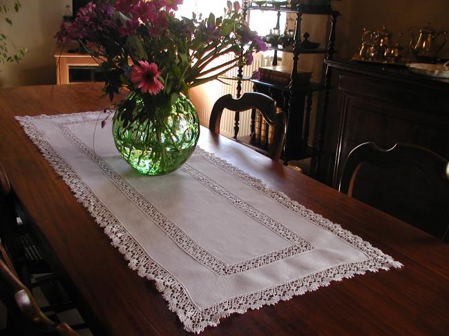 Very large table runner with Cluny lace inserts