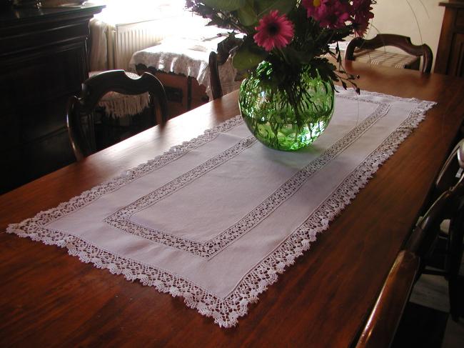 Very large table runner with Cluny lace inserts